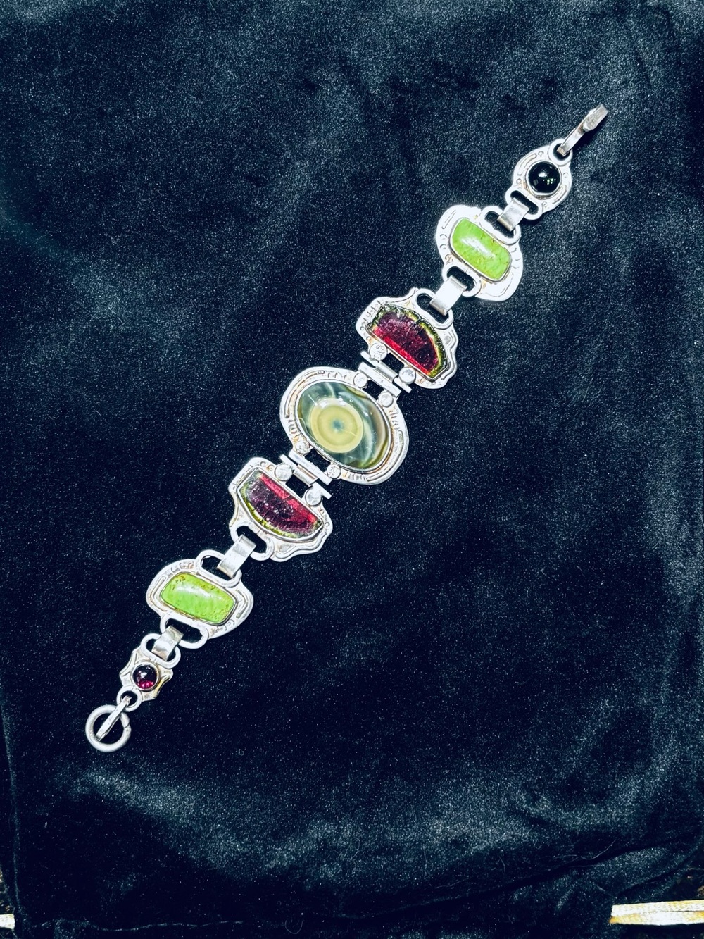 Watermelon Tourmaline, Jasper, Silver Bracelet - Picture 2 of 5